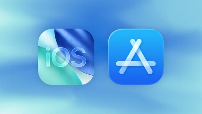 Two rounded app icons side by side on a soft blue background with cloud-like highlights: the iOS icon with the letters iOS in glass over swirls of teal and dark blue, and the blue App Store icon with its white A made of three popsicle sticks.