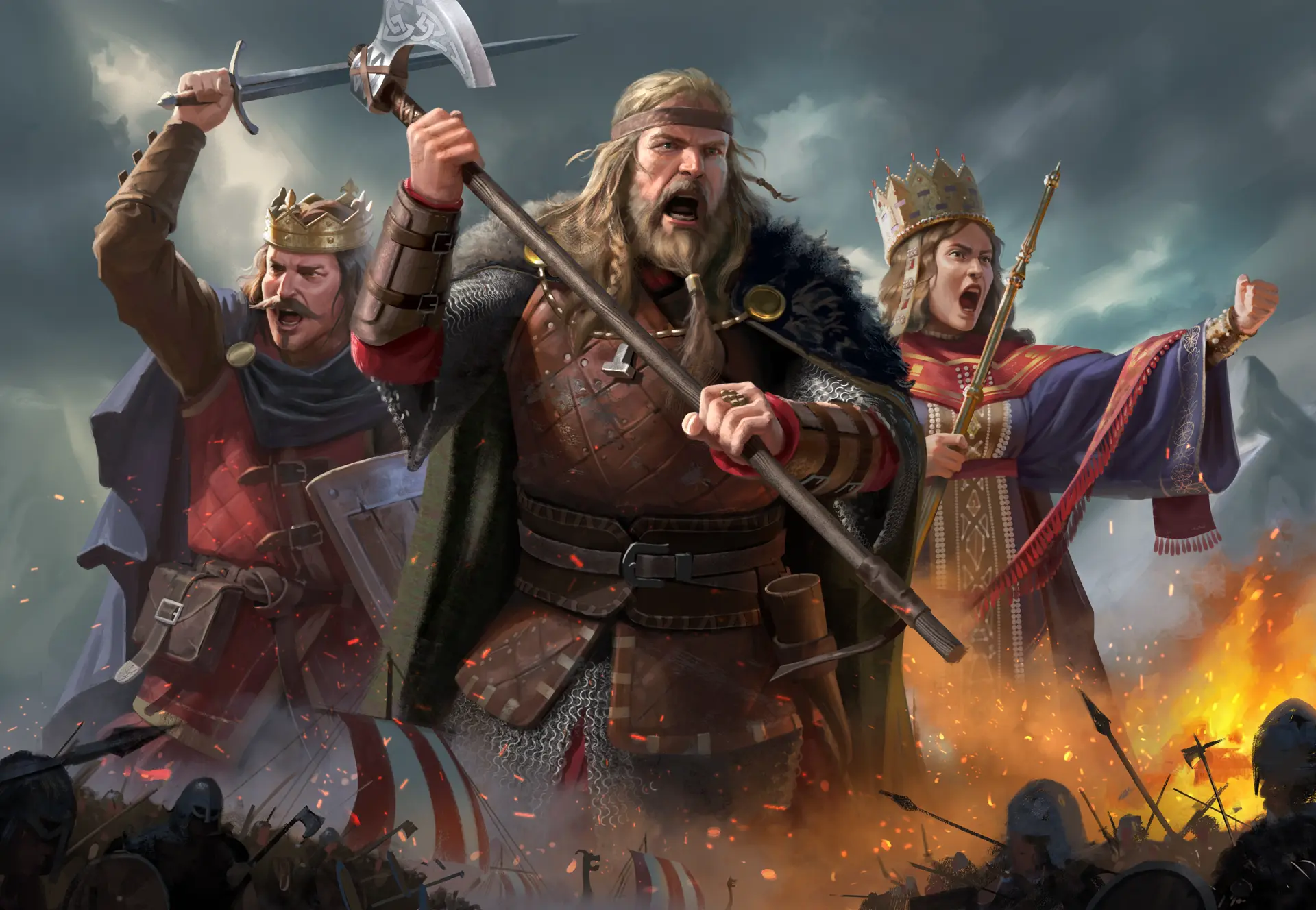 Painted key art of three shouting medieval rulers under a storm-grey sky: a crowned king with a raised sword and shield at left, a bearded Viking in leather and mail hoisting a long-hafted axe at center, and a crowned queen in red and purple robes with a scepter at right, with spears, shields, a striped sail and fire in the battle below them.