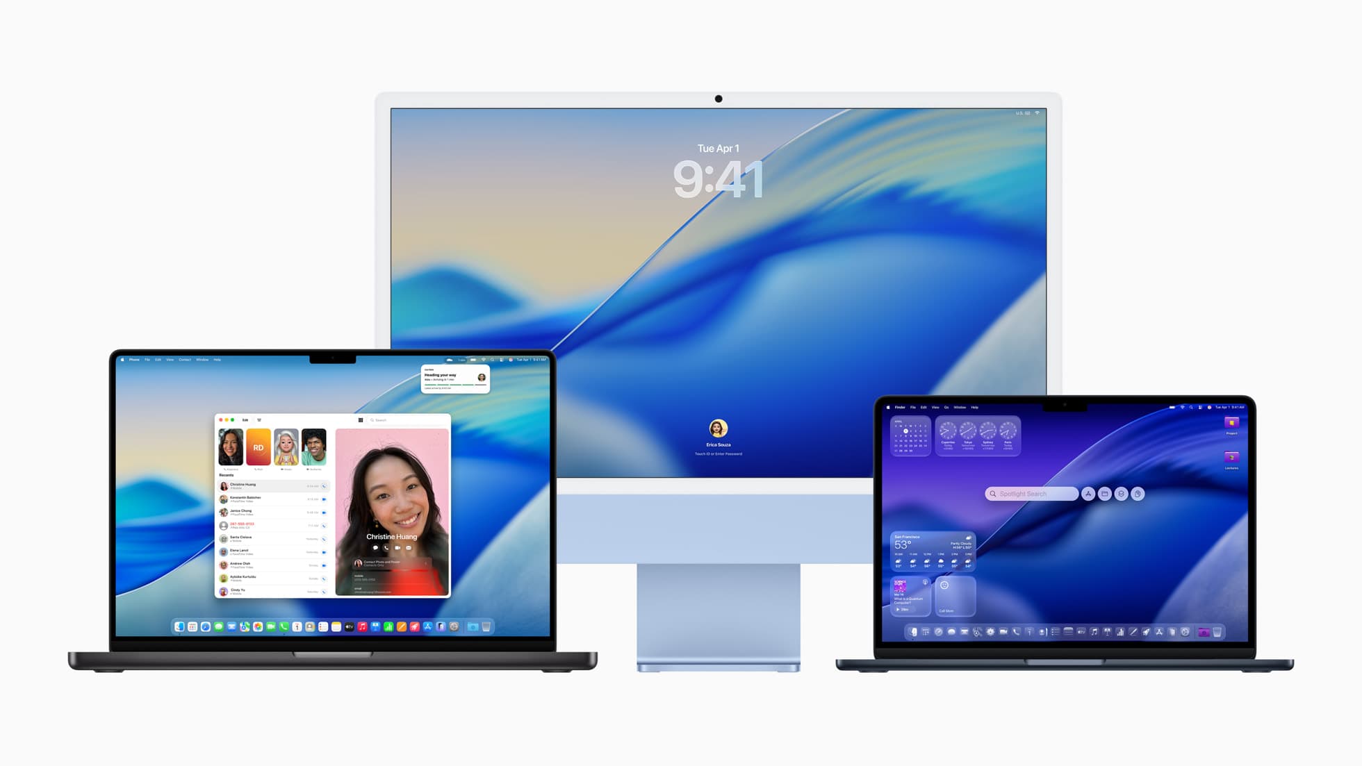 A 16-inch MacBook Pro, a blue 24-inch iMac and a 13-inch MacBook Air side by side on white, all running macOS Tahoe: the MacBook Pro shows the Phone app with a FaceTime window, the iMac shows the Lock Screen at 9:41, and the MacBook Air shows a desktop with widgets and a Spotlight search field.
