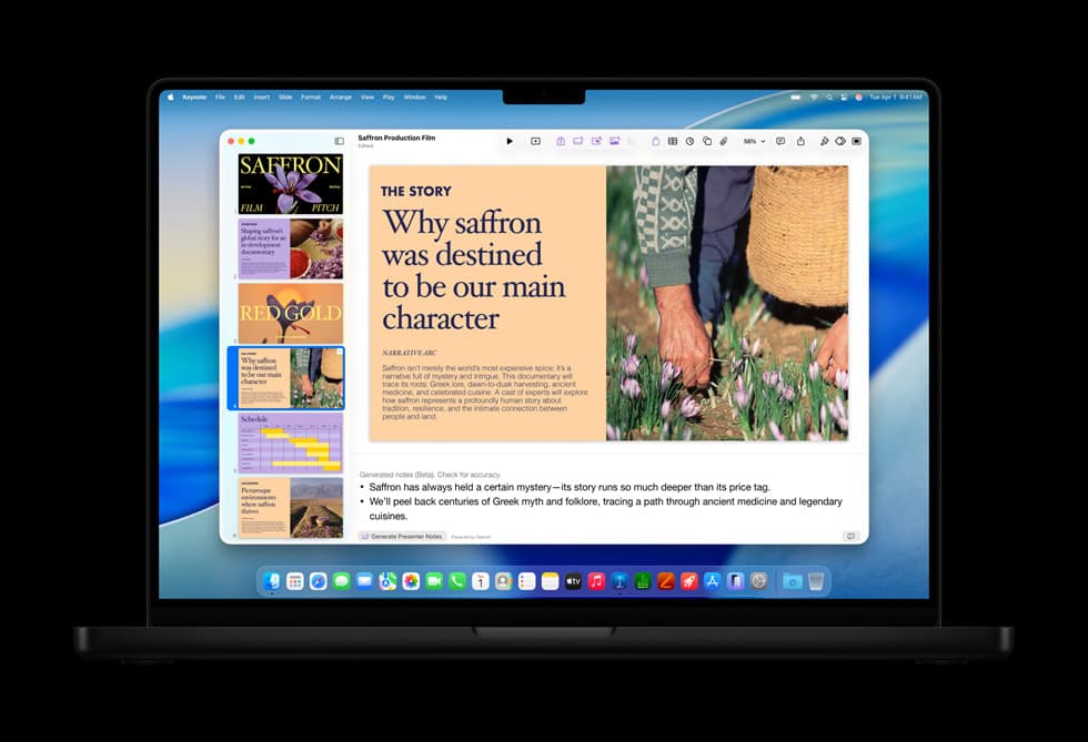 A space black MacBook Pro on a black background showing Keynote with a presentation titled Saffron Production Film: a slide reading "Why saffron was destined to be our main character" beside a photo of a hand picking crocus flowers, slide thumbnails down the left, and two bulleted presenter notes below the slide under the label "Generated notes (Beta). Check for accuracy."